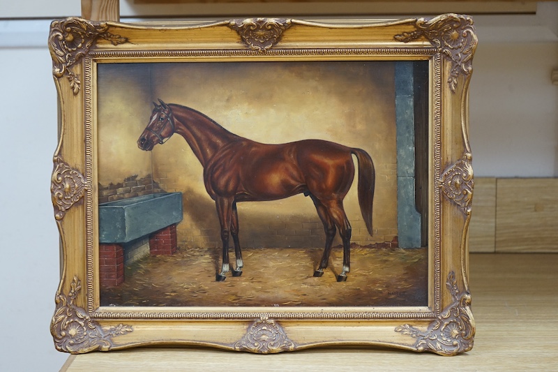 Nadler, oil on board, Study of a horse in a stable, signed, 29 x 39cm, ornate gilt frame. Condition - good